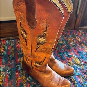 Double H Brown floral Embroidered Heeled cowboy Boots
